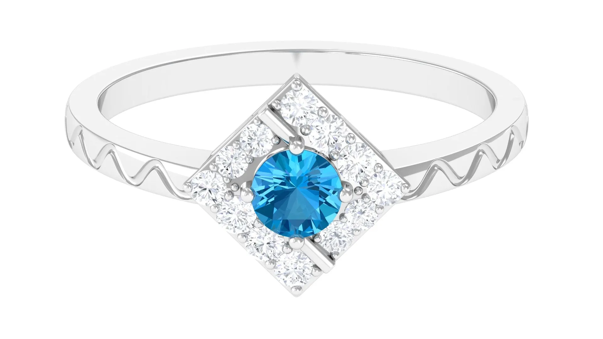 0.50 CT Swiss Blue Topaz Minimal Textured Ring with Diamond