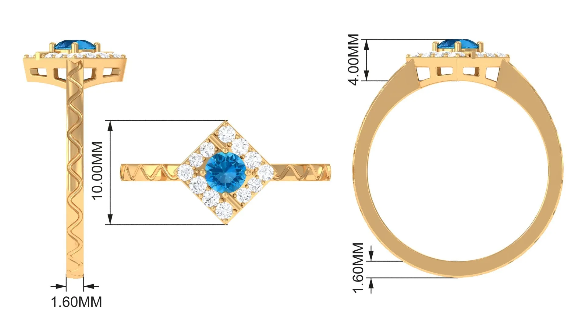 0.50 CT Swiss Blue Topaz Minimal Textured Ring with Diamond