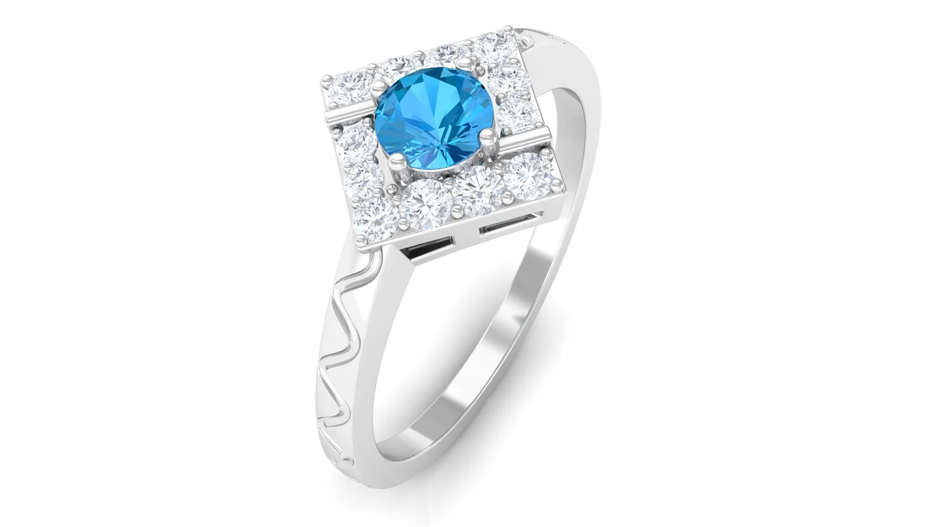 0.50 CT Swiss Blue Topaz Minimal Textured Ring with Diamond