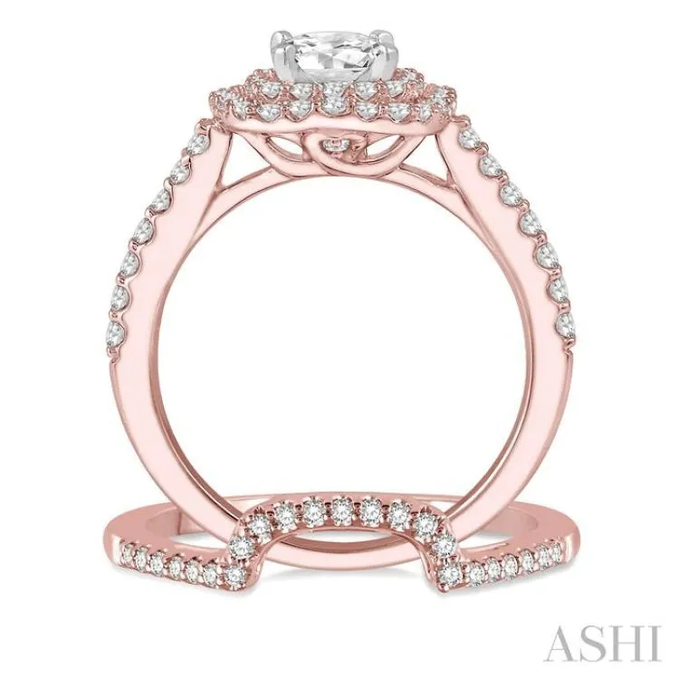 1 1/5 Ctw Diamond Wedding Set in 14K With 1 Ctw Round cut Double Row Engagement Ring in Rose and White Gold and 1/5 Ctw Wedding Band in Rose Gold