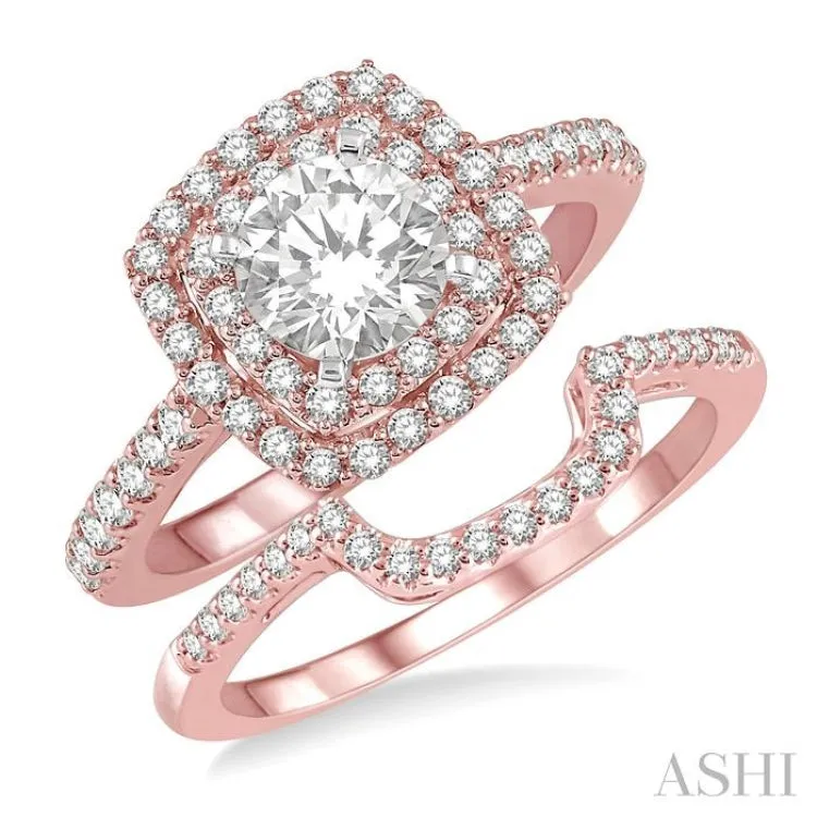 1 1/5 Ctw Diamond Wedding Set in 14K With 1 Ctw Round cut Double Row Engagement Ring in Rose and White Gold and 1/5 Ctw Wedding Band in Rose Gold