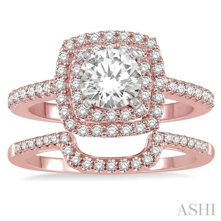 1 1/5 Ctw Diamond Wedding Set in 14K With 1 Ctw Round cut Double Row Engagement Ring in Rose and White Gold and 1/5 Ctw Wedding Band in Rose Gold