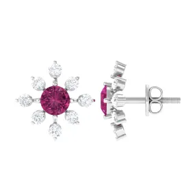 1 CT Pink Tourmaline and Diamond Floral Stud Earrings