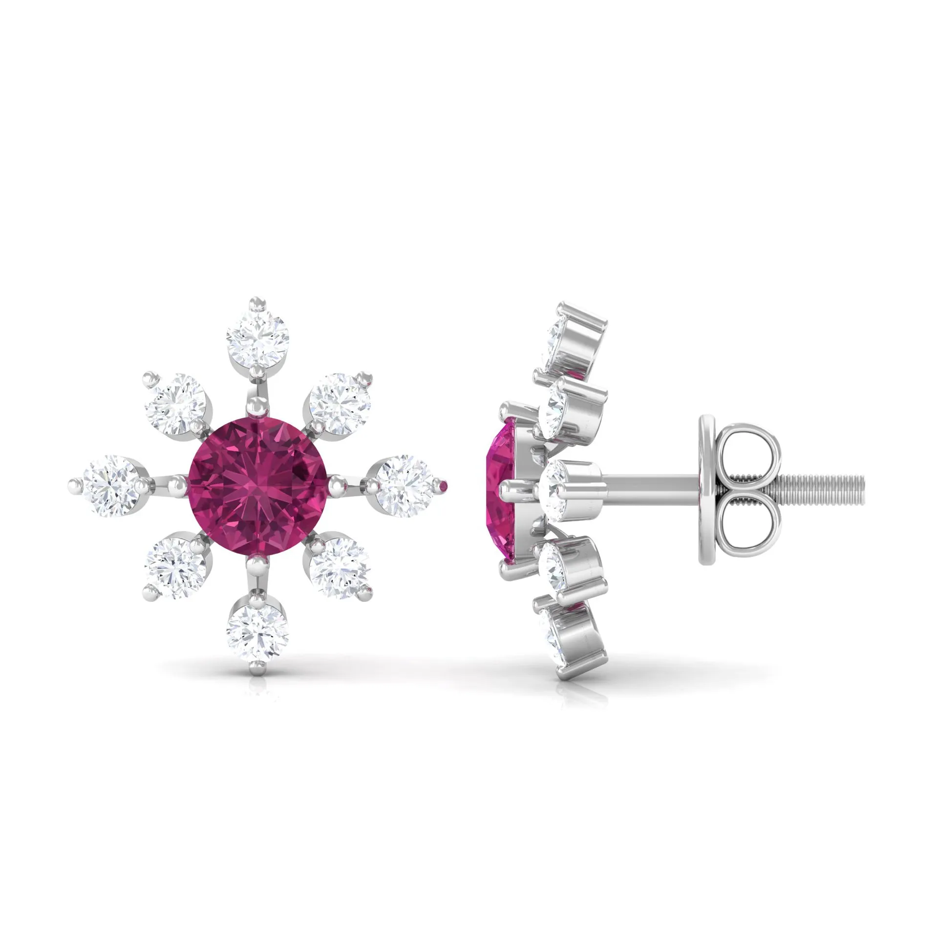 1 CT Pink Tourmaline and Diamond Floral Stud Earrings