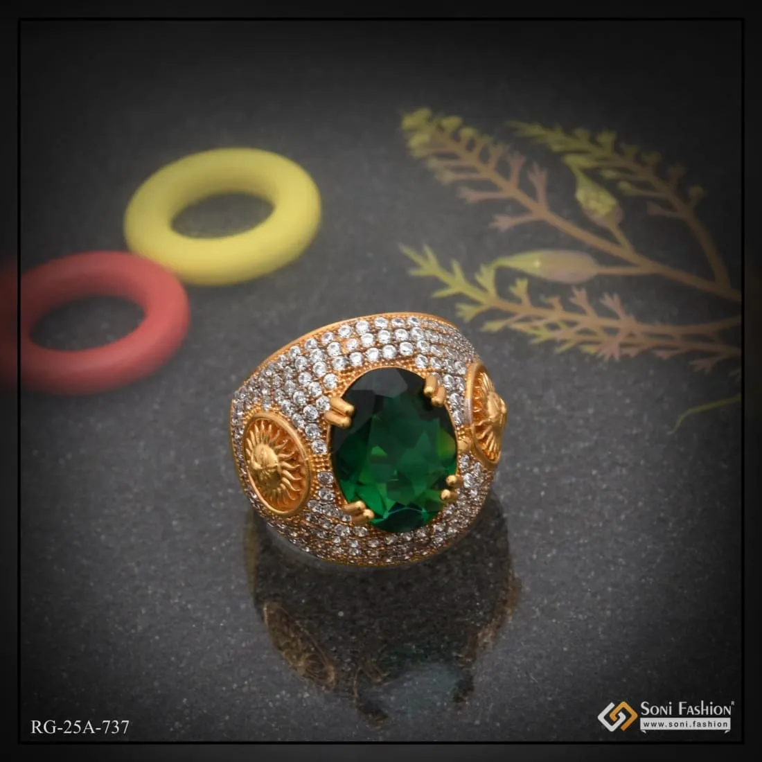 1 Gram Gold Forming - Green Stone With Diamond Gorgeous Design Ring - Style A737