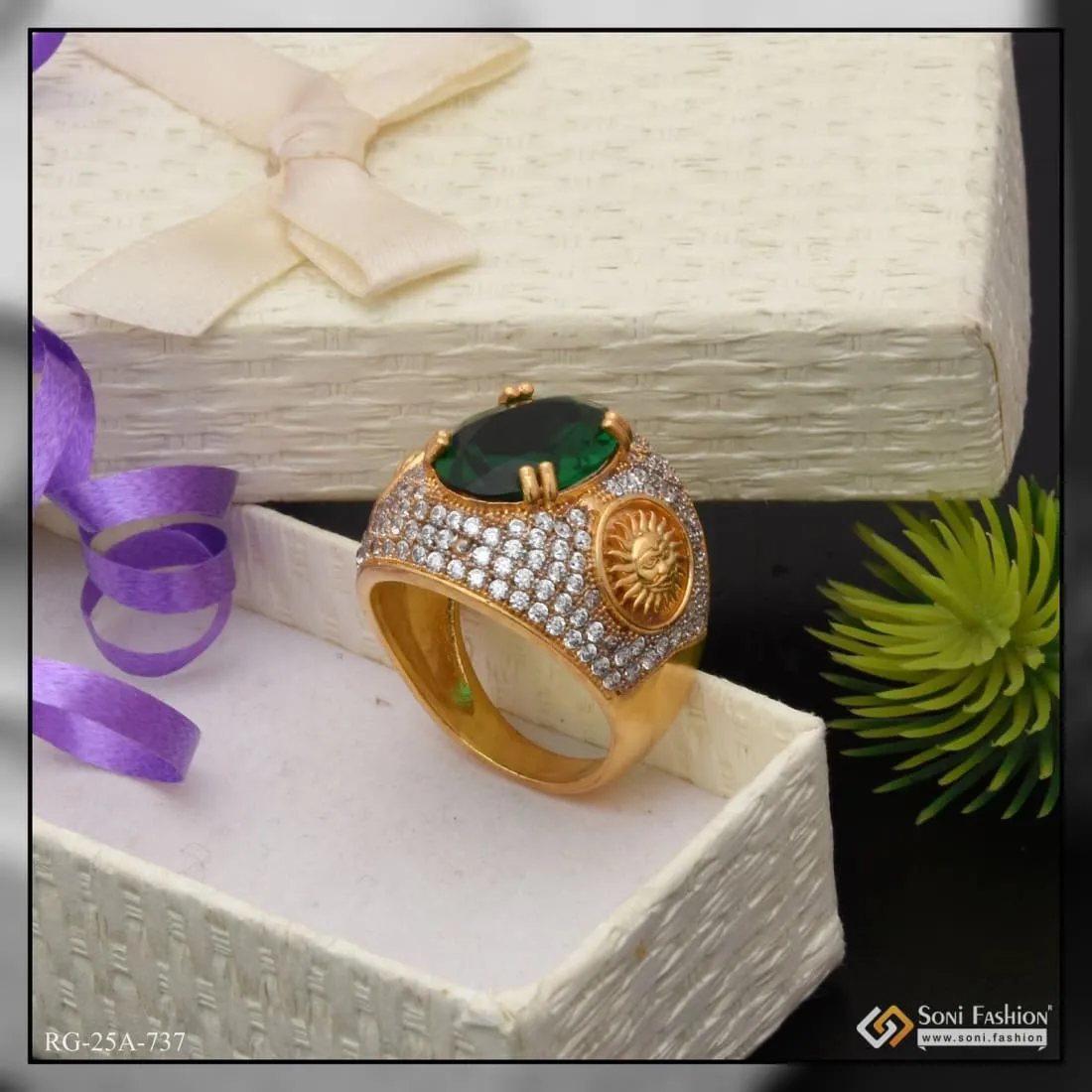 1 Gram Gold Forming - Green Stone With Diamond Gorgeous Design Ring - Style A737