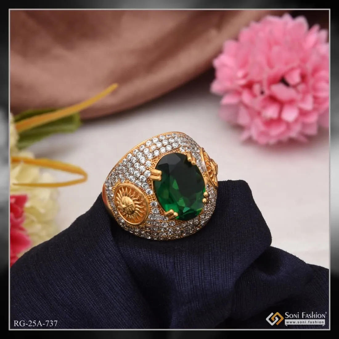 1 Gram Gold Forming - Green Stone With Diamond Gorgeous Design Ring - Style A737