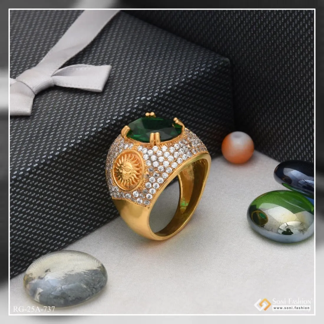 1 Gram Gold Forming - Green Stone With Diamond Gorgeous Design Ring - Style A737