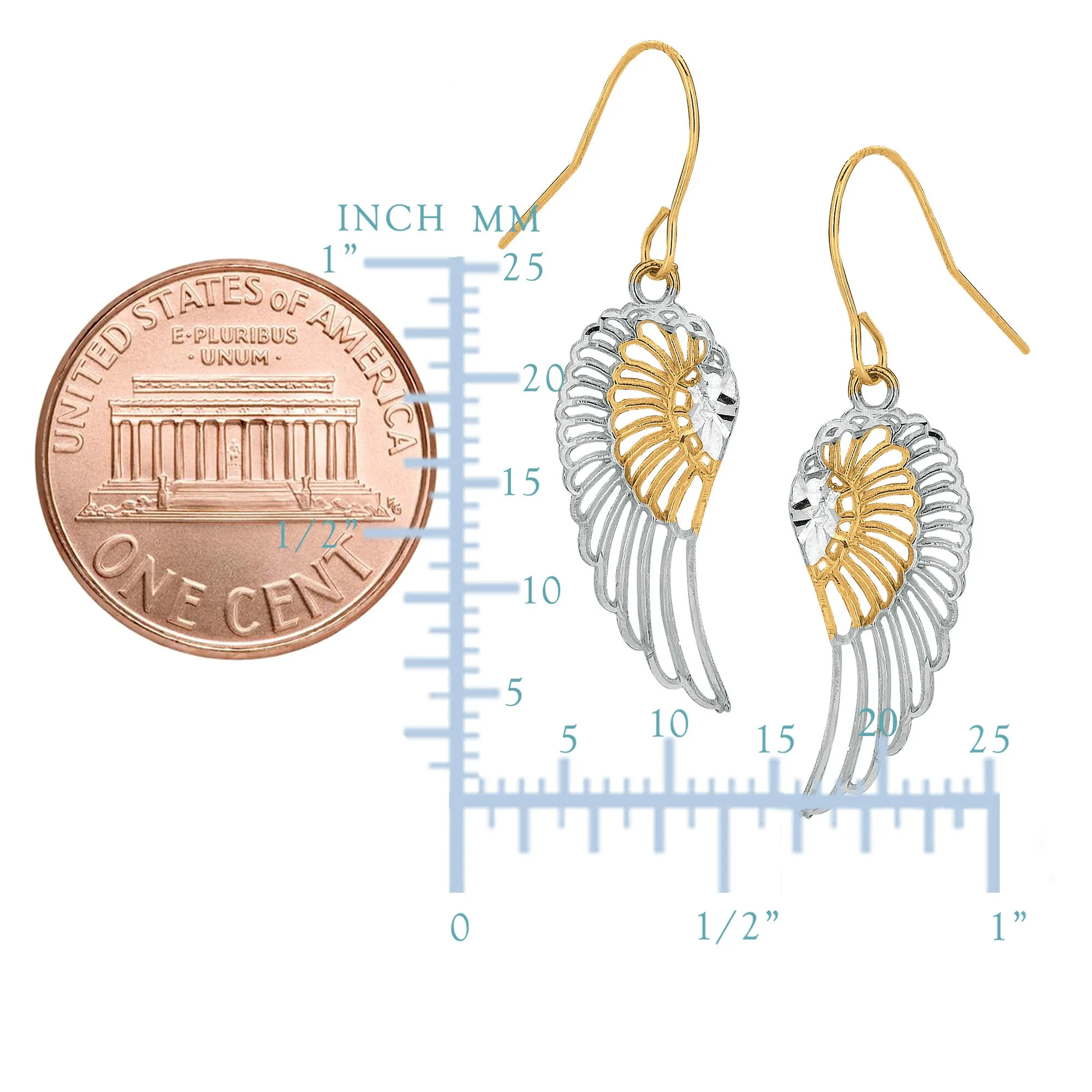 10k 2 Tone Yellow And White Gold Diamond Cut Angel Wings Drop Earrings