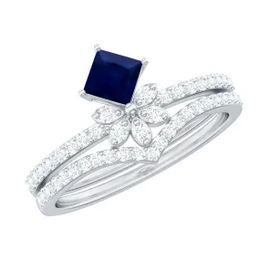1.25 CT Princess Cut Solitaire Blue Sapphire and Diamond Designer Ring Set