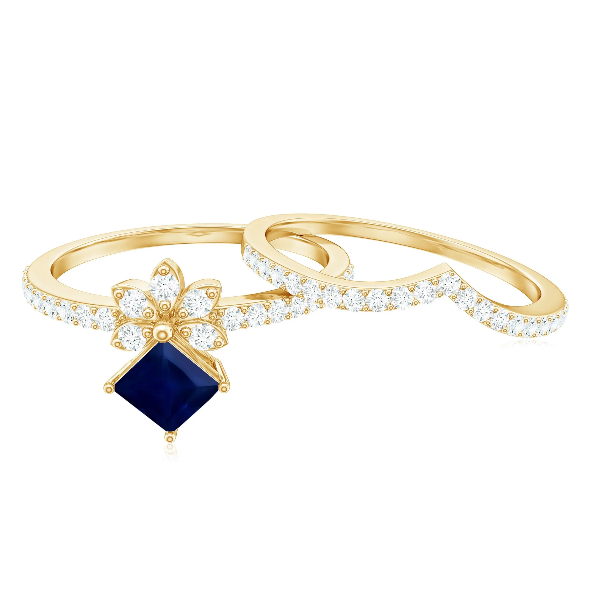 1.25 CT Princess Cut Solitaire Blue Sapphire and Diamond Designer Ring Set