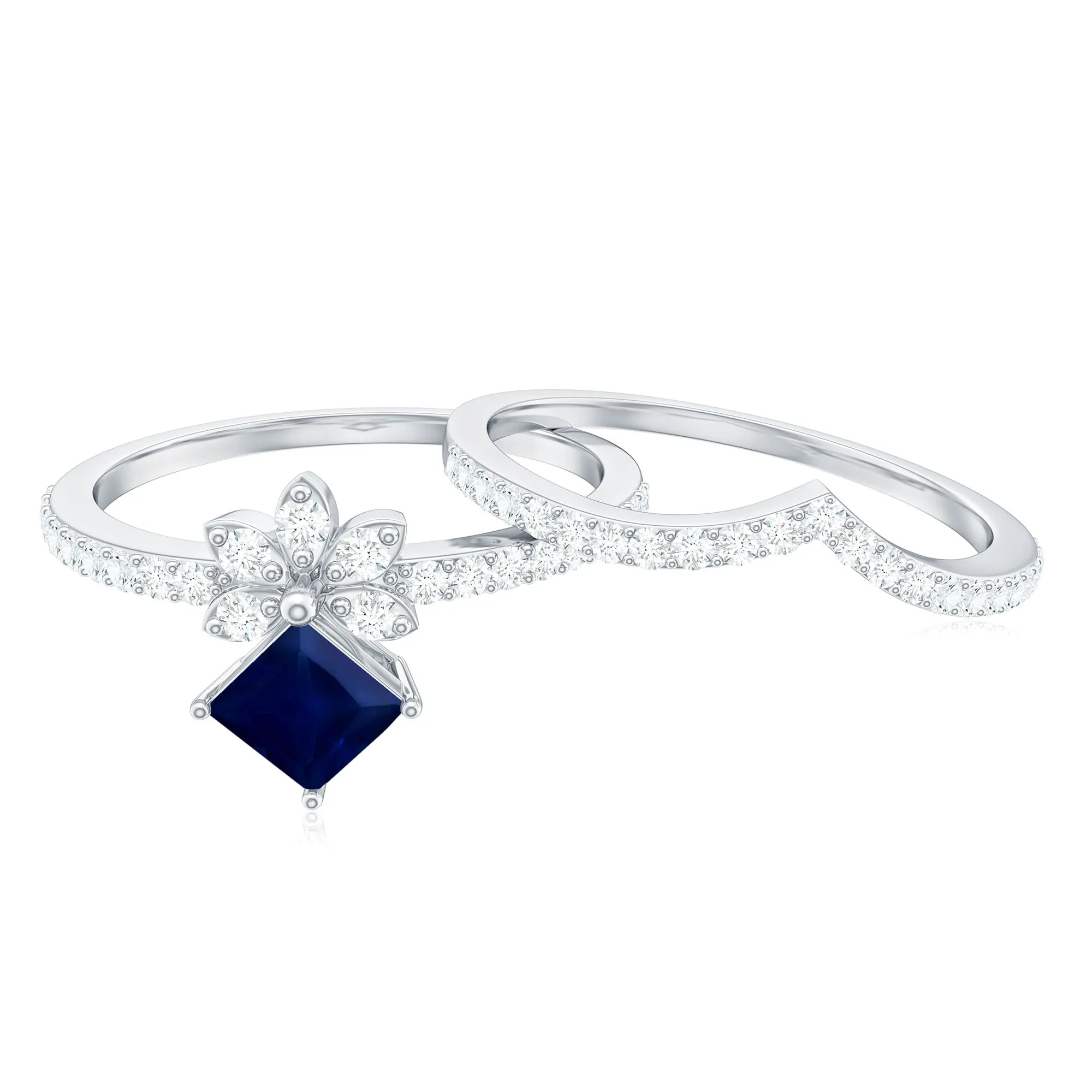 1.25 CT Princess Cut Solitaire Blue Sapphire and Diamond Designer Ring Set