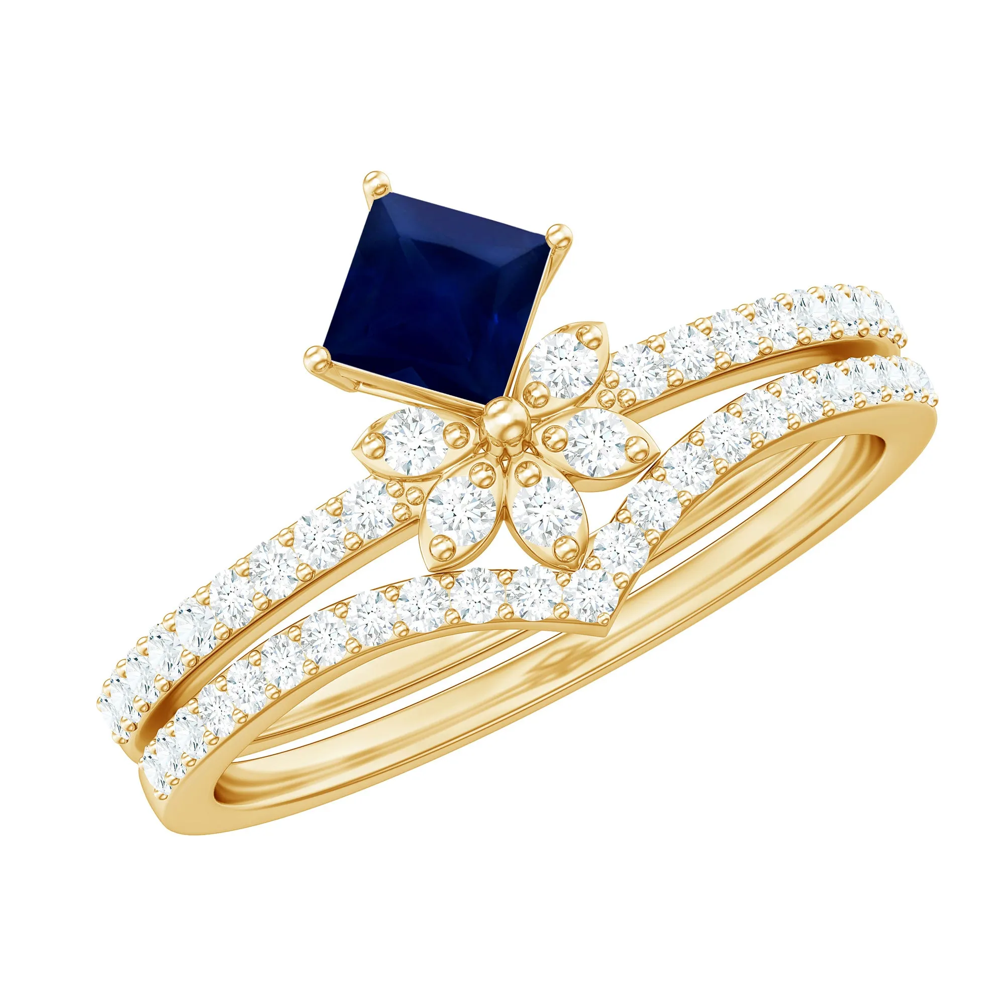 1.25 CT Princess Cut Solitaire Blue Sapphire and Diamond Designer Ring Set