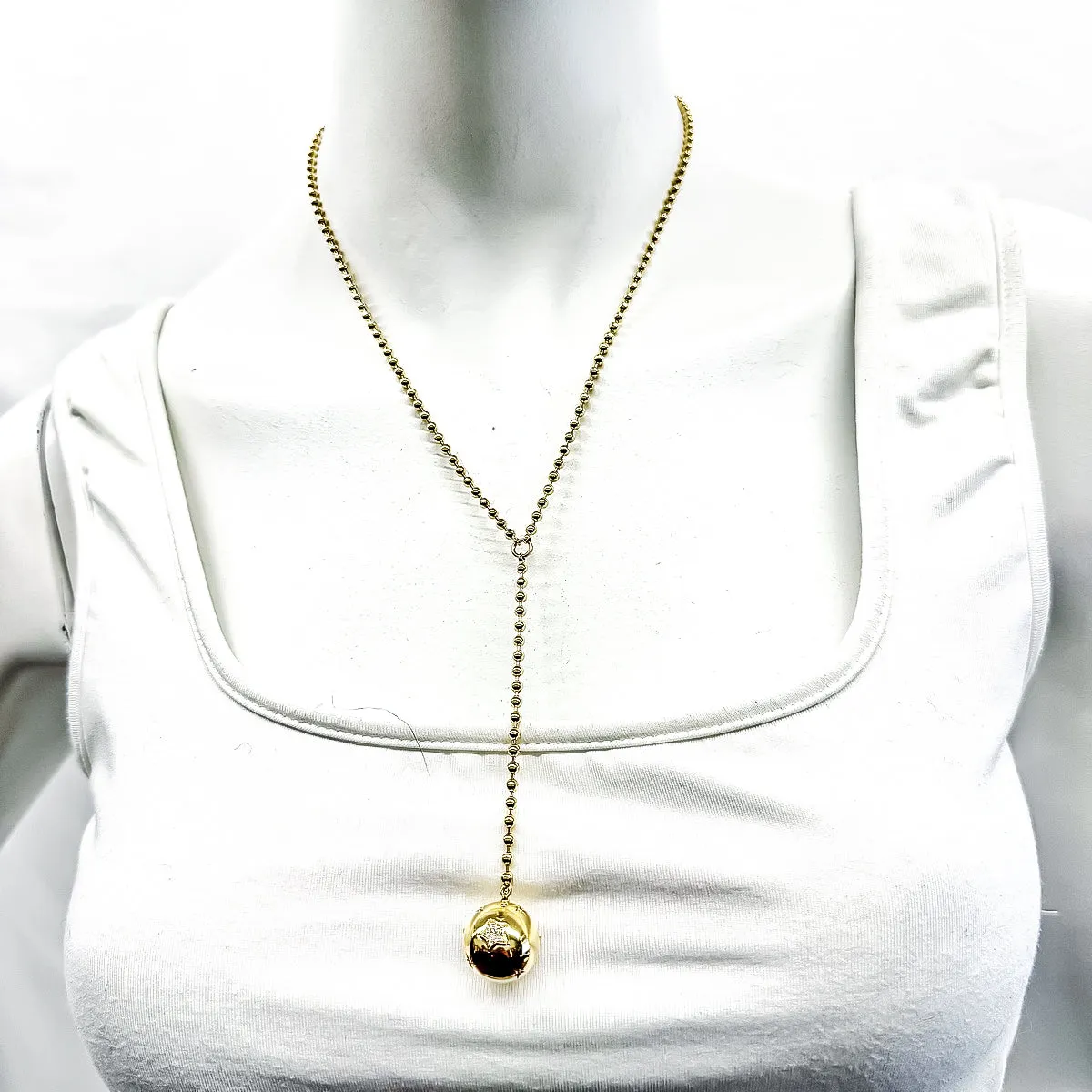 14K Gold Ball Chain Y Necklace with Diamond Embellished Ball Drop
