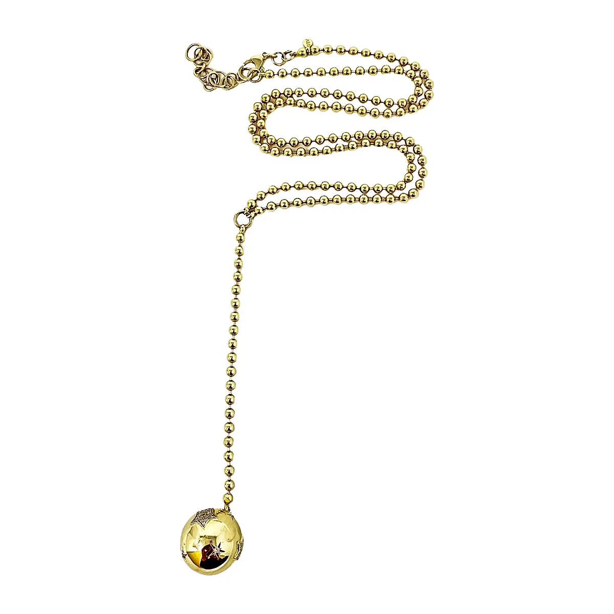 14K Gold Ball Chain Y Necklace with Diamond Embellished Ball Drop