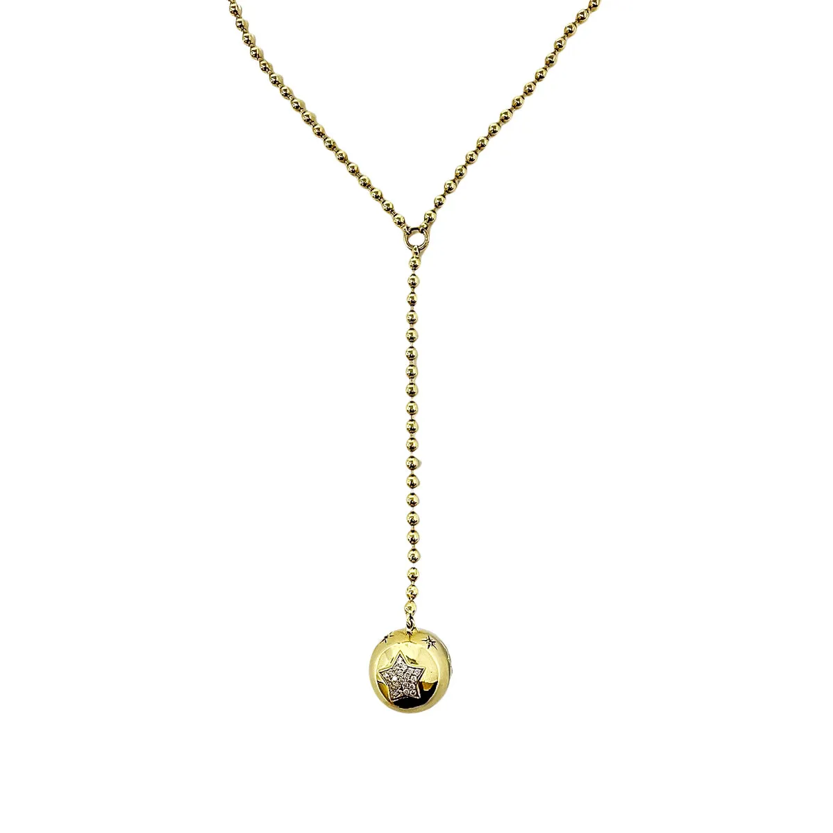 14K Gold Ball Chain Y Necklace with Diamond Embellished Ball Drop