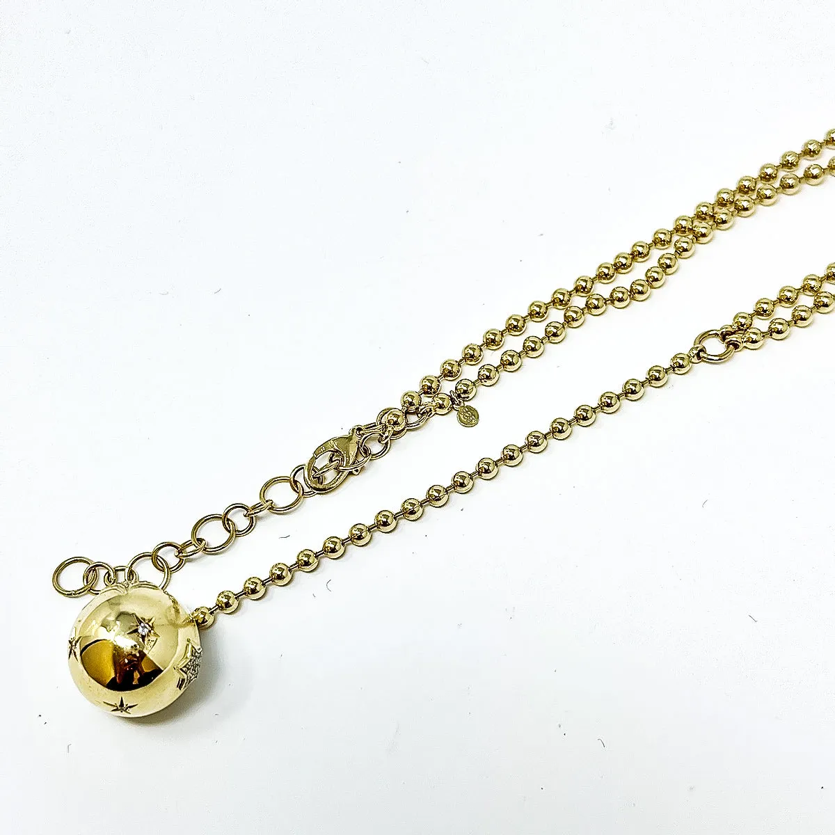 14K Gold Ball Chain Y Necklace with Diamond Embellished Ball Drop