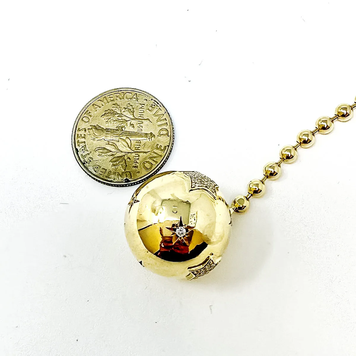 14K Gold Ball Chain Y Necklace with Diamond Embellished Ball Drop