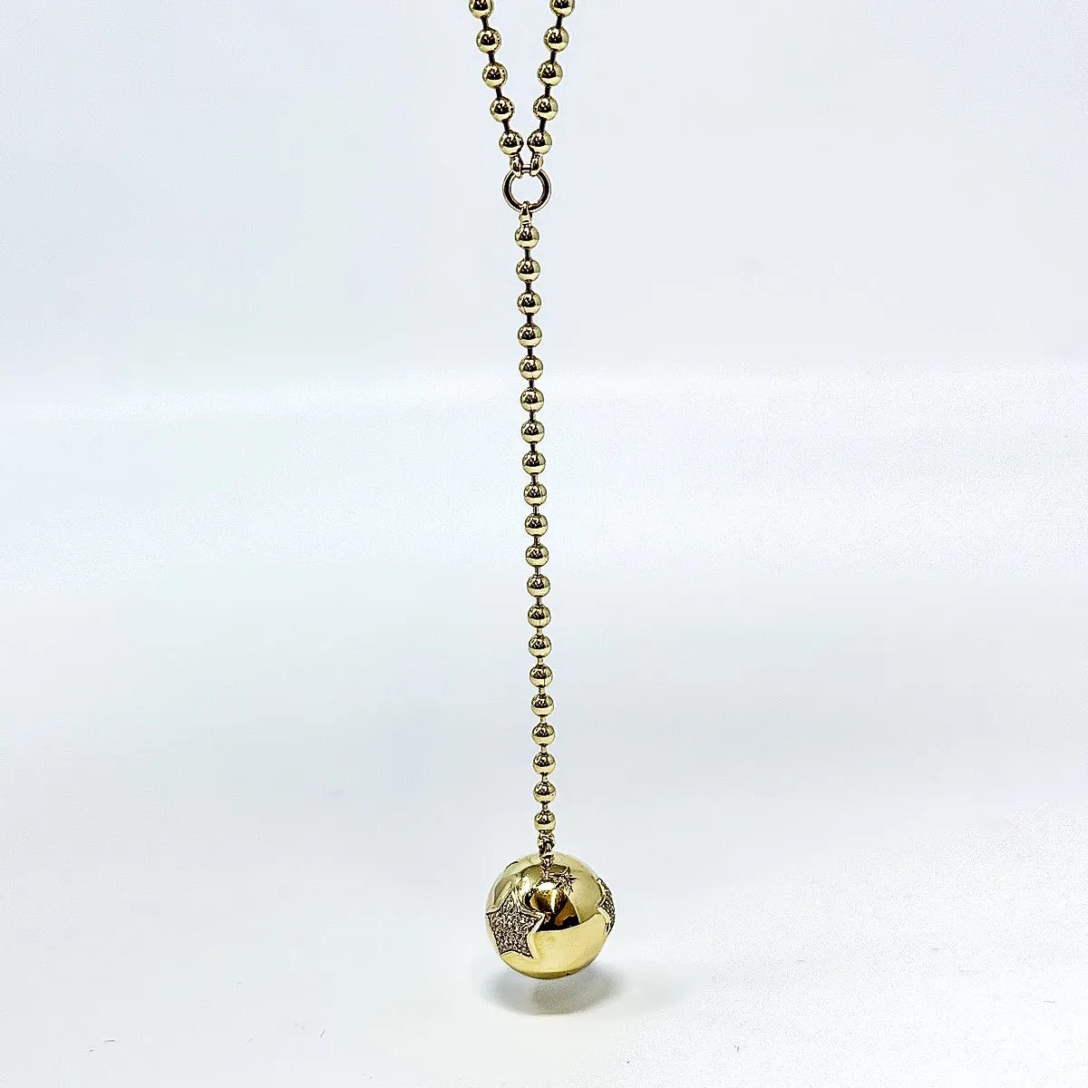 14K Gold Ball Chain Y Necklace with Diamond Embellished Ball Drop