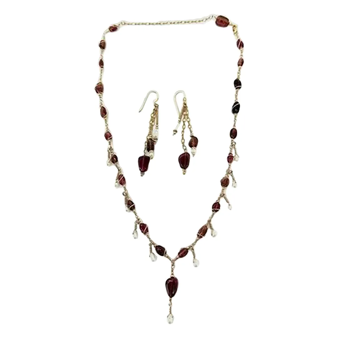 14K Gold Necklace with Tourmaline and Pearl with Matching Earrings