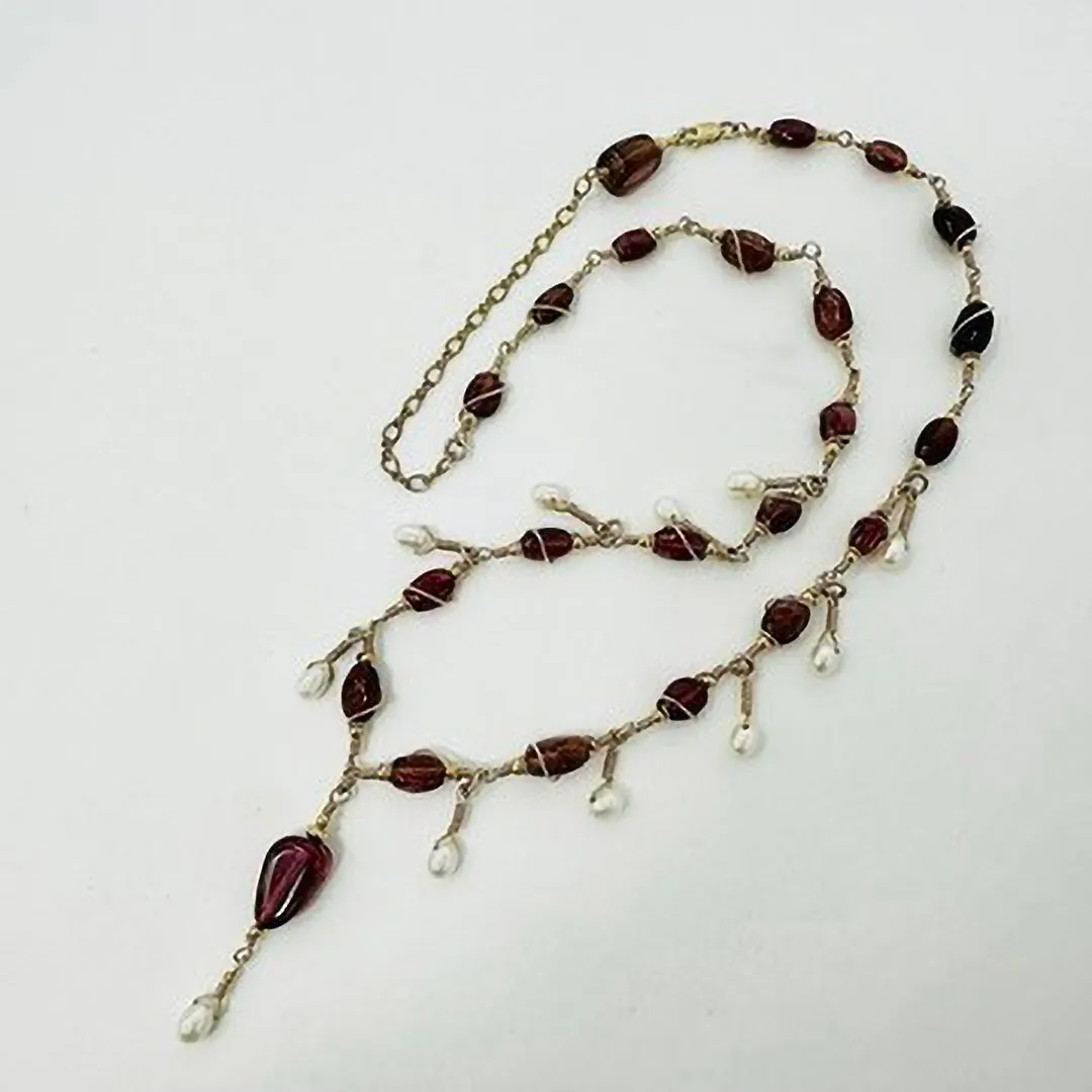 14K Gold Necklace with Tourmaline and Pearl with Matching Earrings