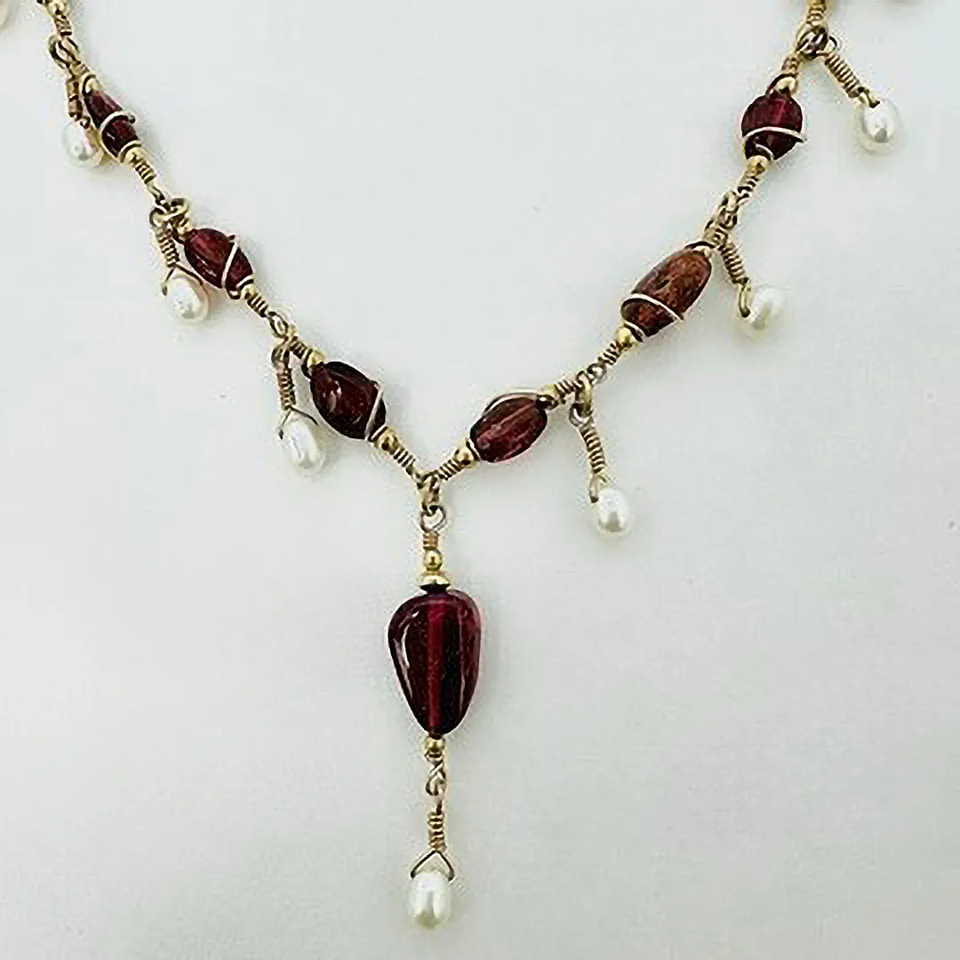 14K Gold Necklace with Tourmaline and Pearl with Matching Earrings