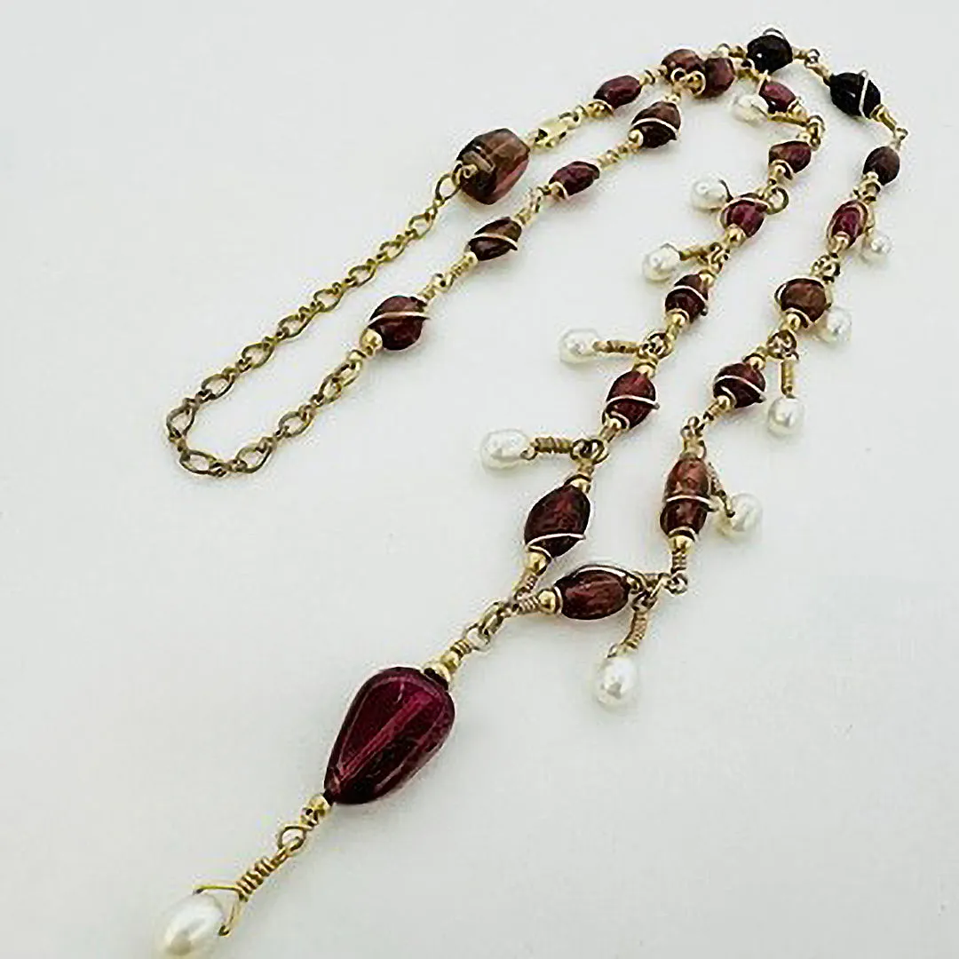 14K Gold Necklace with Tourmaline and Pearl with Matching Earrings