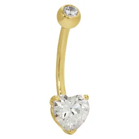 14k Solid Gold Banana Belly Ring Heart Prong Setting Zircon