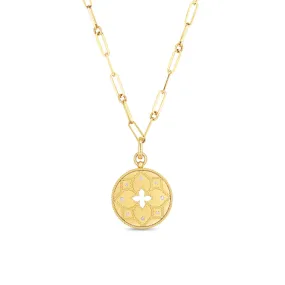 18K Venetian Princess Satin Medallion with Flower Cutout Diamond Accent on Chain
