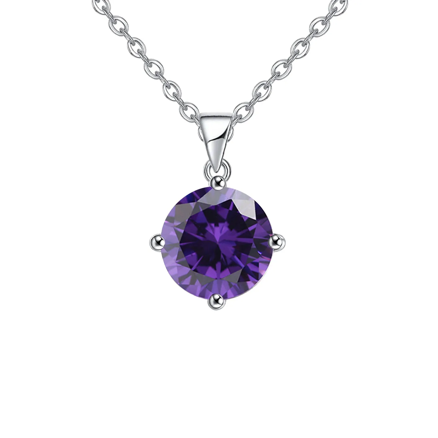 18K White Gold 1 Carat Created Amethyst Round Stud Necklace Plated 18 inch