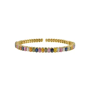 18KT Yellow Gold Multi Color Sapphire And Diamond Cuff Bangle