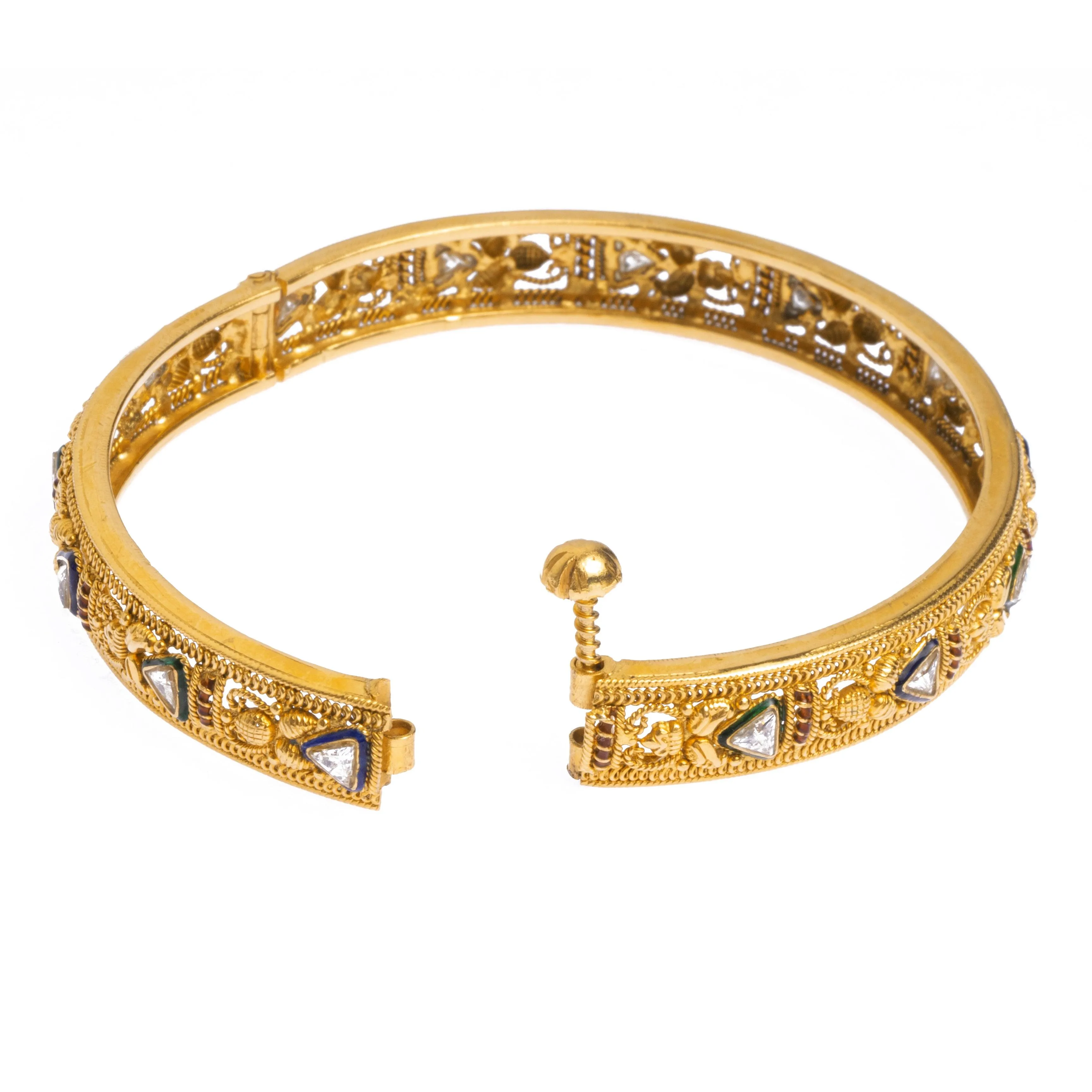22ct Gold Antiquated Look Openable Bangle with Polki Style Stone (26.2g) B-8286