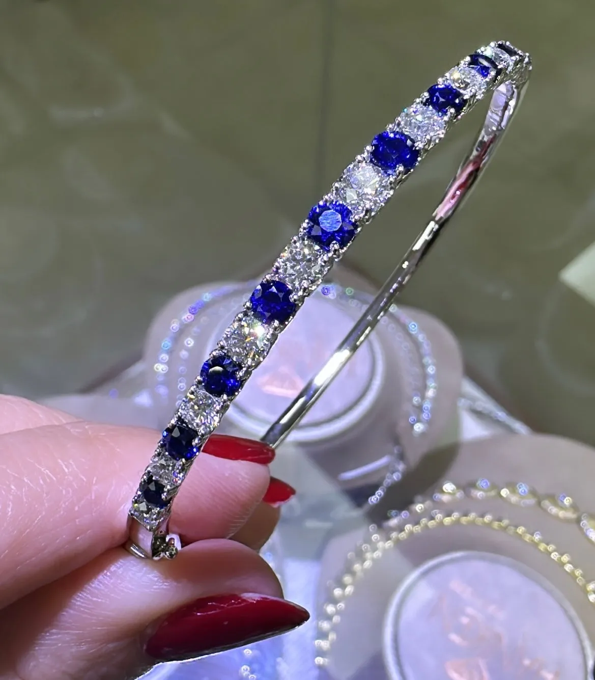 3.43ct t.w. Round Brilliant Cut Diamond and Sapphire Prong Set Bangle