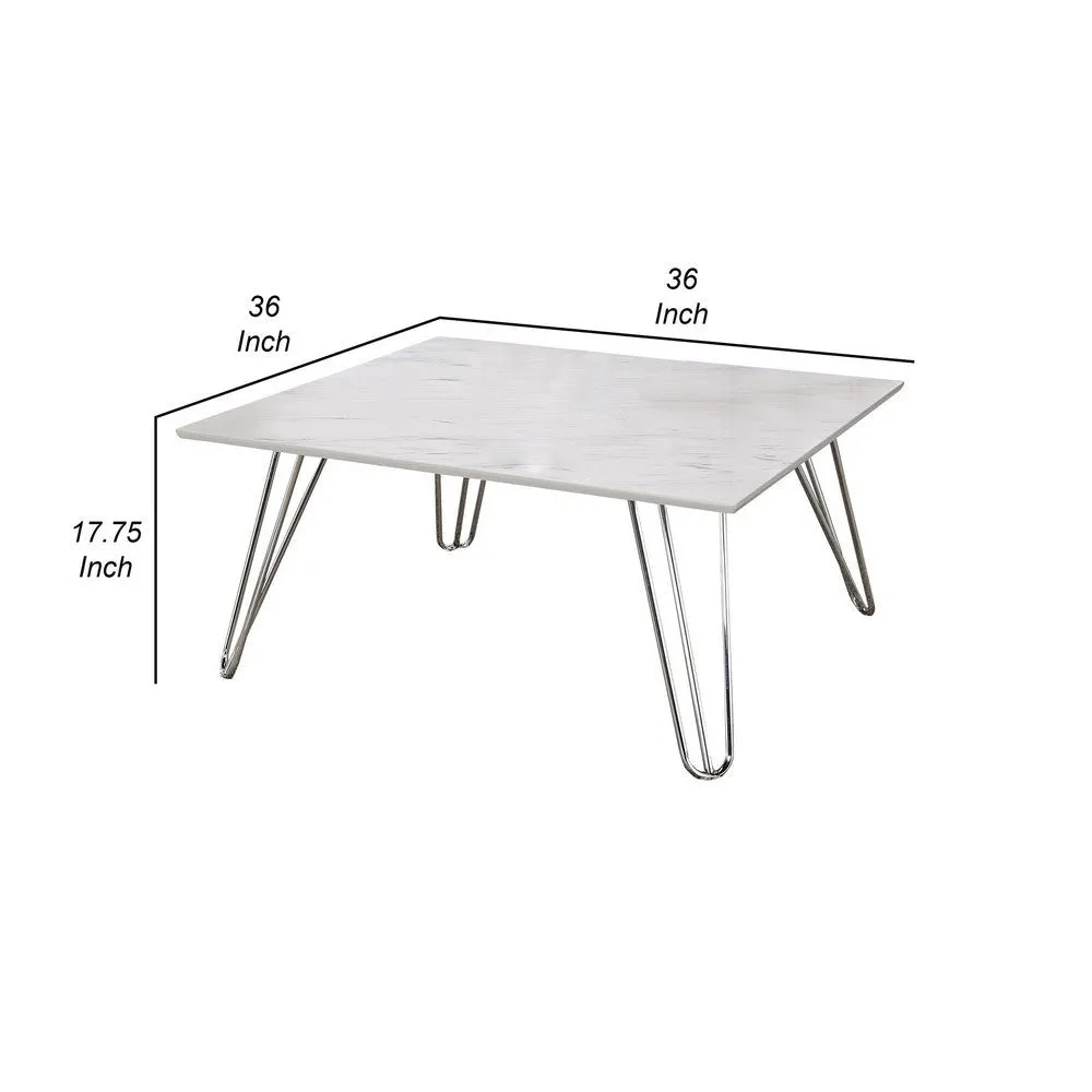 36 Inch Square Coffee Table with White Faux Marble Top, Chrome Hairpin Legs By Casagear Home