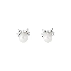 925 Silver Bow Pearl Ball Back Earrings