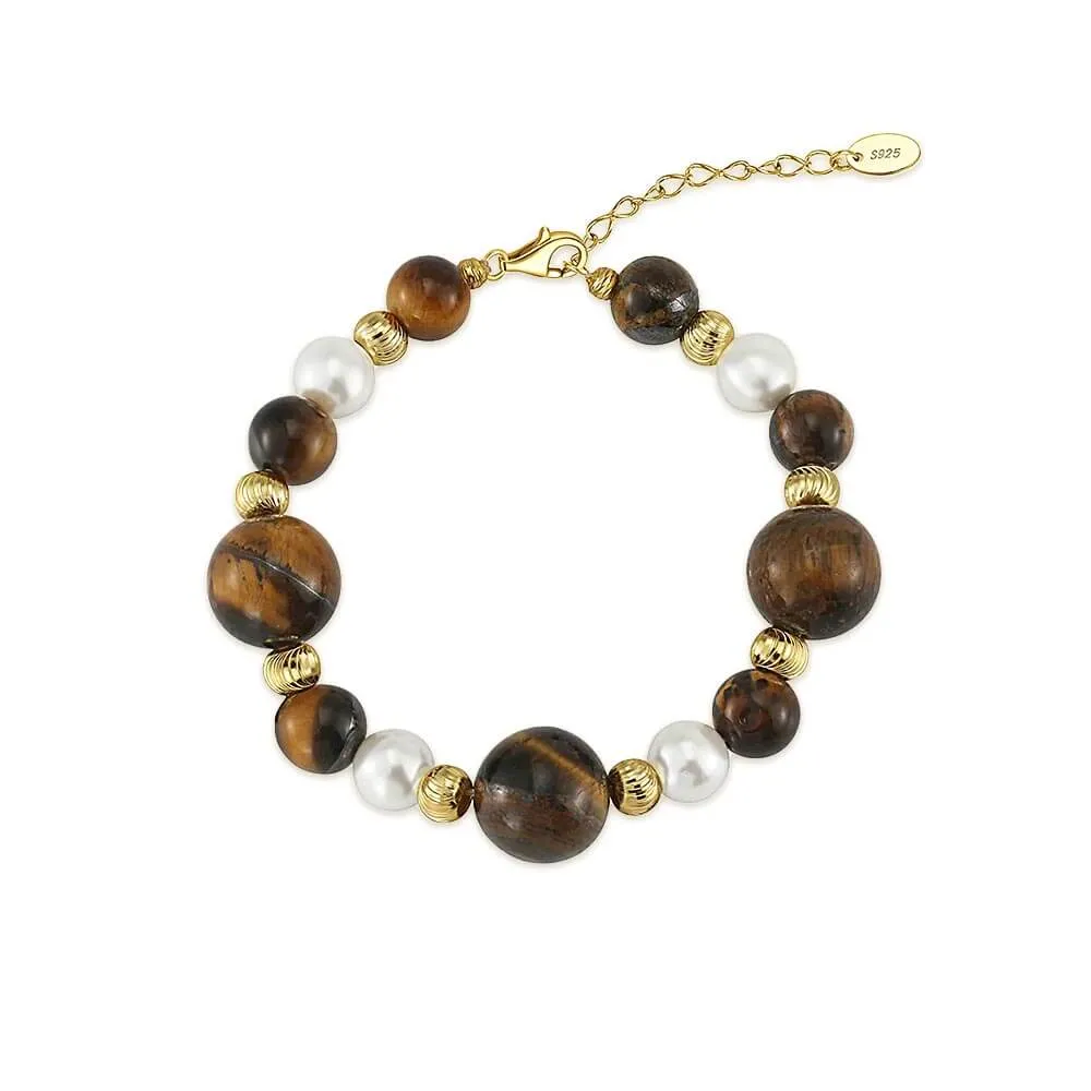 925 Silver Tiger Eye Stone Shell Pearl Bracelet