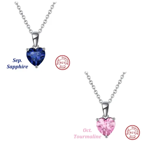 925 Sterling Silver Heart Birthstone Necklace