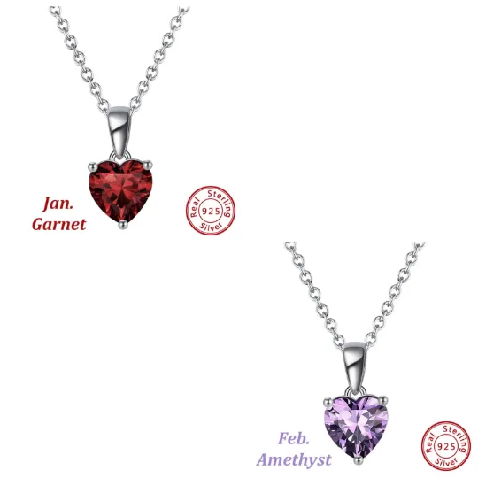 925 Sterling Silver Heart Birthstone Necklace