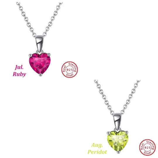 925 Sterling Silver Heart Birthstone Necklace