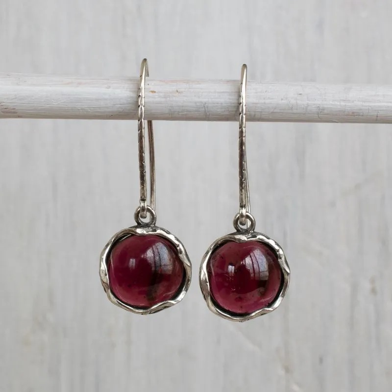 925 Sterling Silver Round Red Garnet 12mm Dangle Earrings