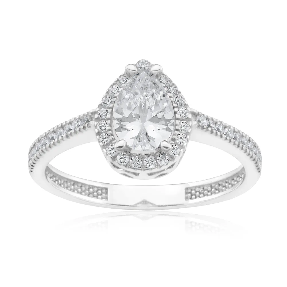 9ct White Gold Zirconia Pear Shaped Halo Ring