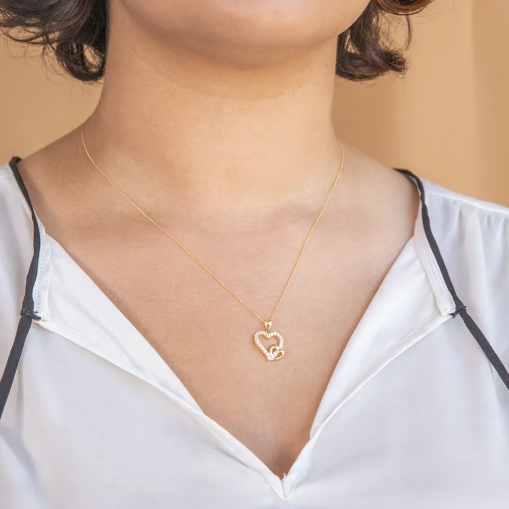 9ct Yellow Gold Cubic Zirconia Double Heart Pendant on Chain Necklace of 46cm
