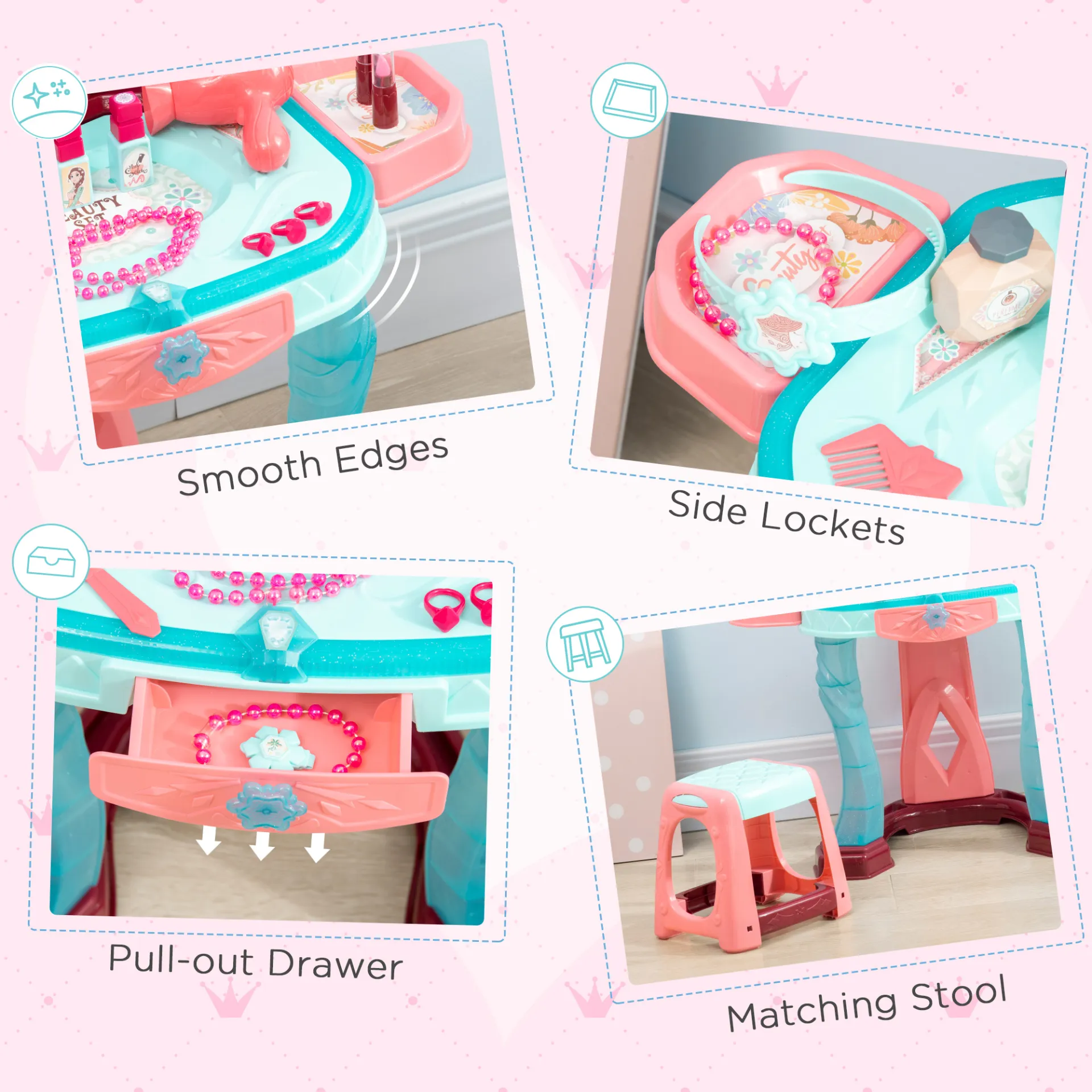 AIYAPLAY 31 Piece Kids Dressing Table Set - Princess Theme, Music & Light Features, Beauty Kit & Stool for Ages 3-6 - Blue and Pink