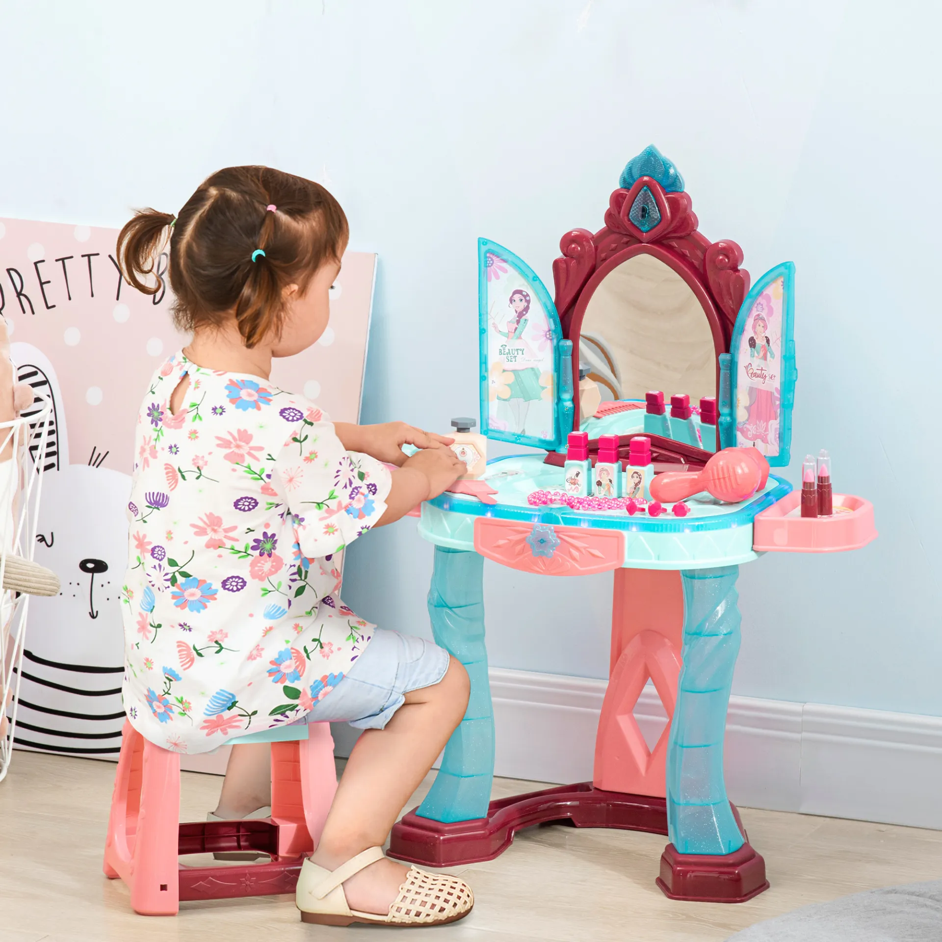 AIYAPLAY 31 Piece Kids Dressing Table Set - Princess Theme, Music & Light Features, Beauty Kit & Stool for Ages 3-6 - Blue and Pink
