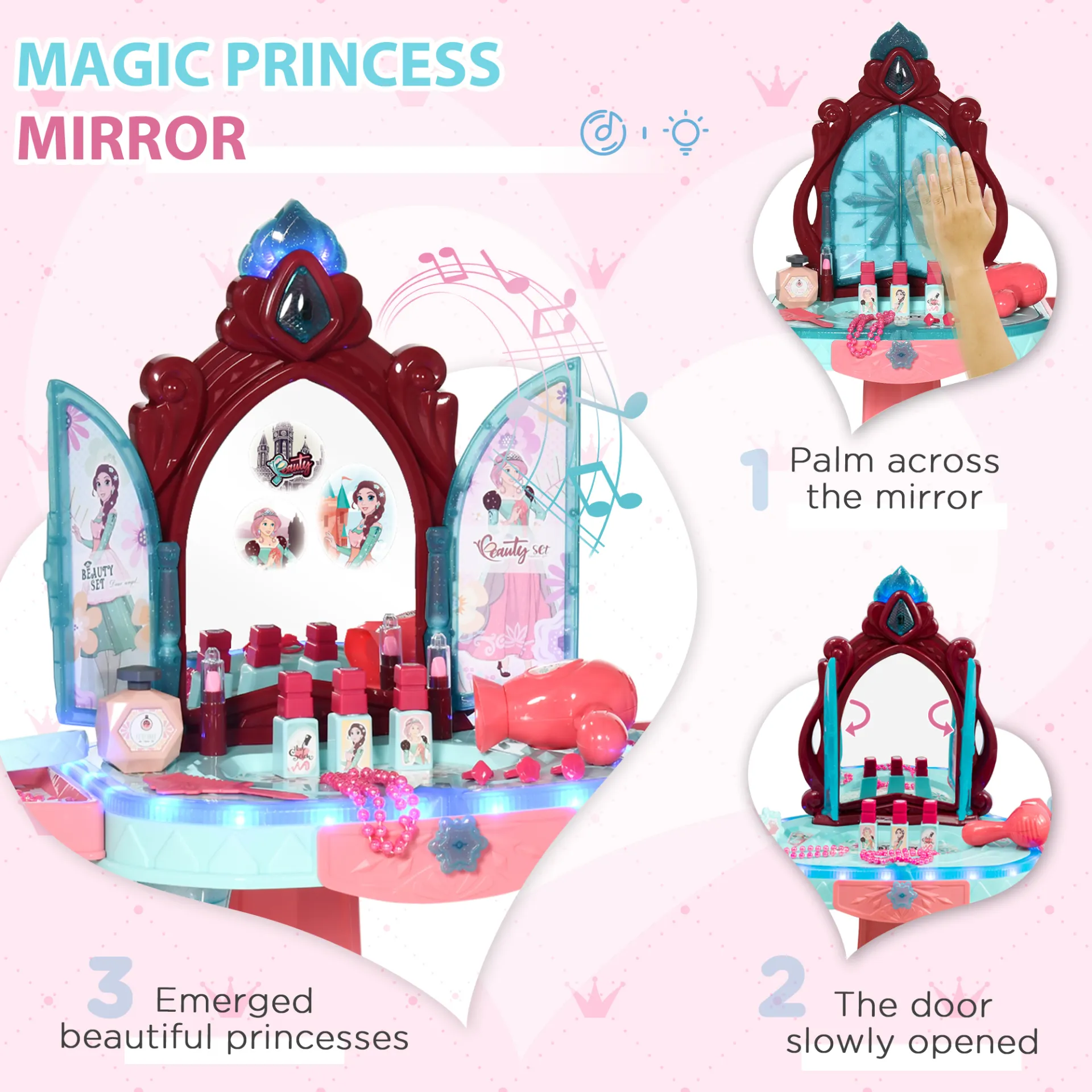 AIYAPLAY 31 Piece Kids Dressing Table Set - Princess Theme, Music & Light Features, Beauty Kit & Stool for Ages 3-6 - Blue and Pink
