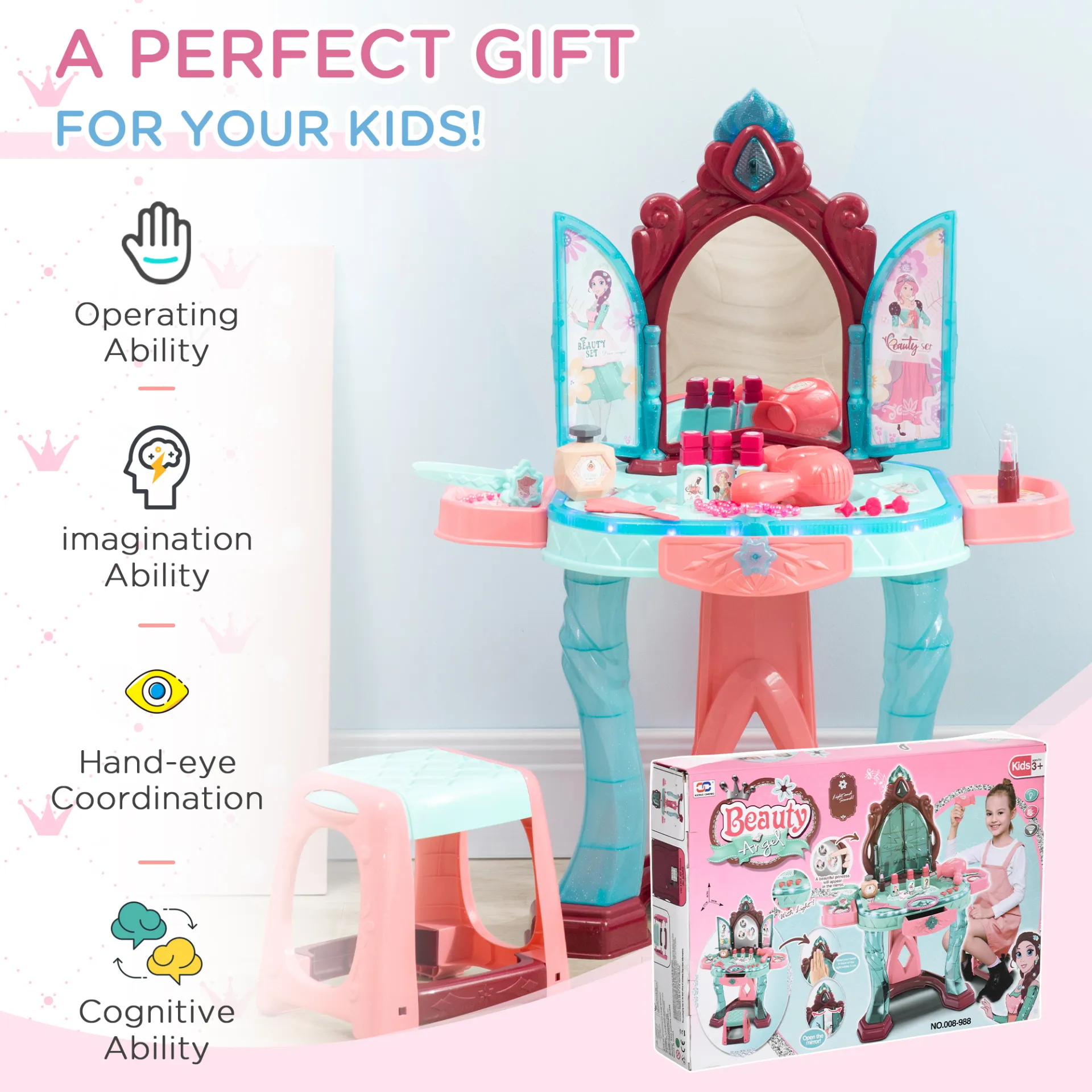 AIYAPLAY 31 Piece Kids Dressing Table Set - Princess Theme, Music & Light Features, Beauty Kit & Stool for Ages 3-6 - Blue and Pink