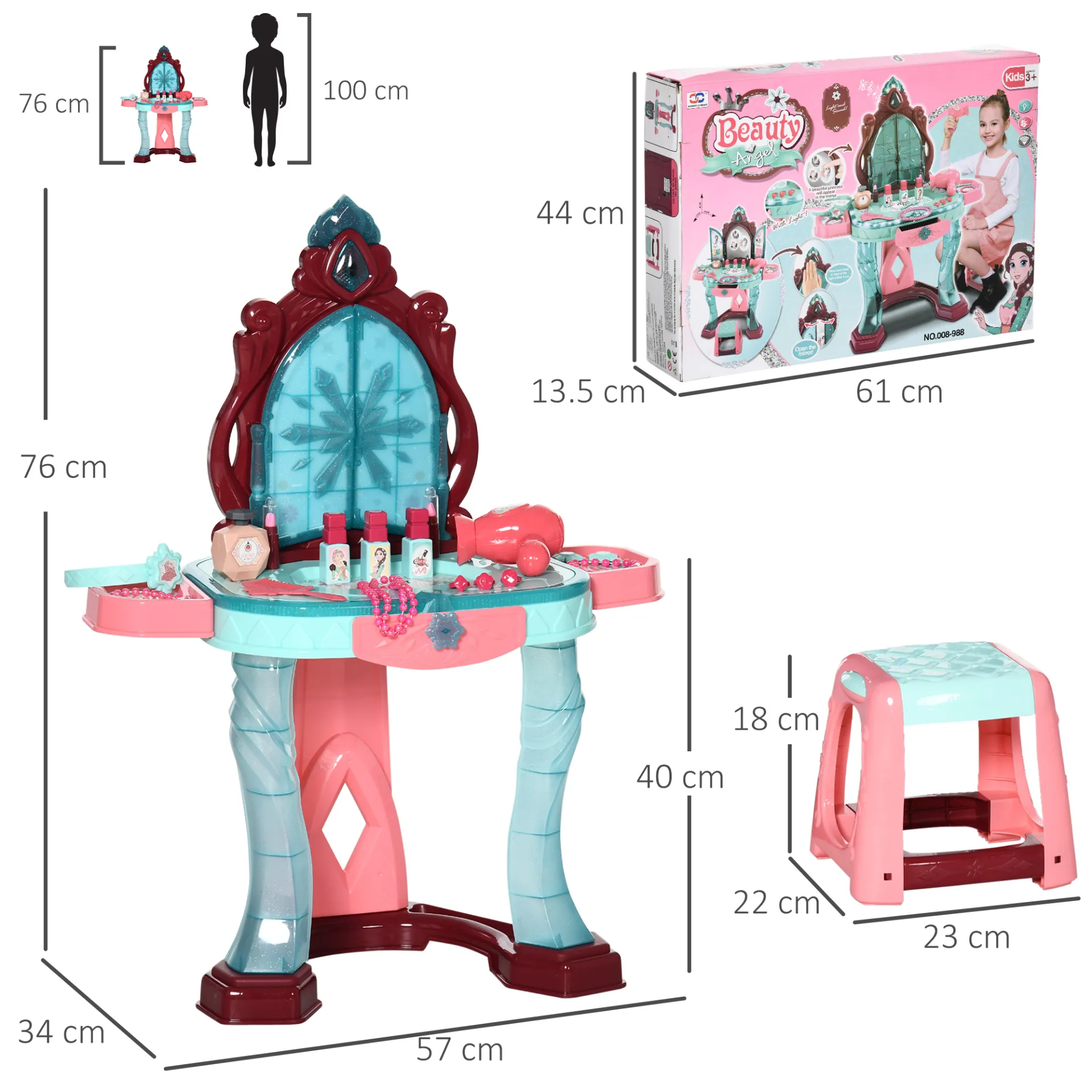 AIYAPLAY 31 Piece Kids Dressing Table Set - Princess Theme, Music & Light Features, Beauty Kit & Stool for Ages 3-6 - Blue and Pink