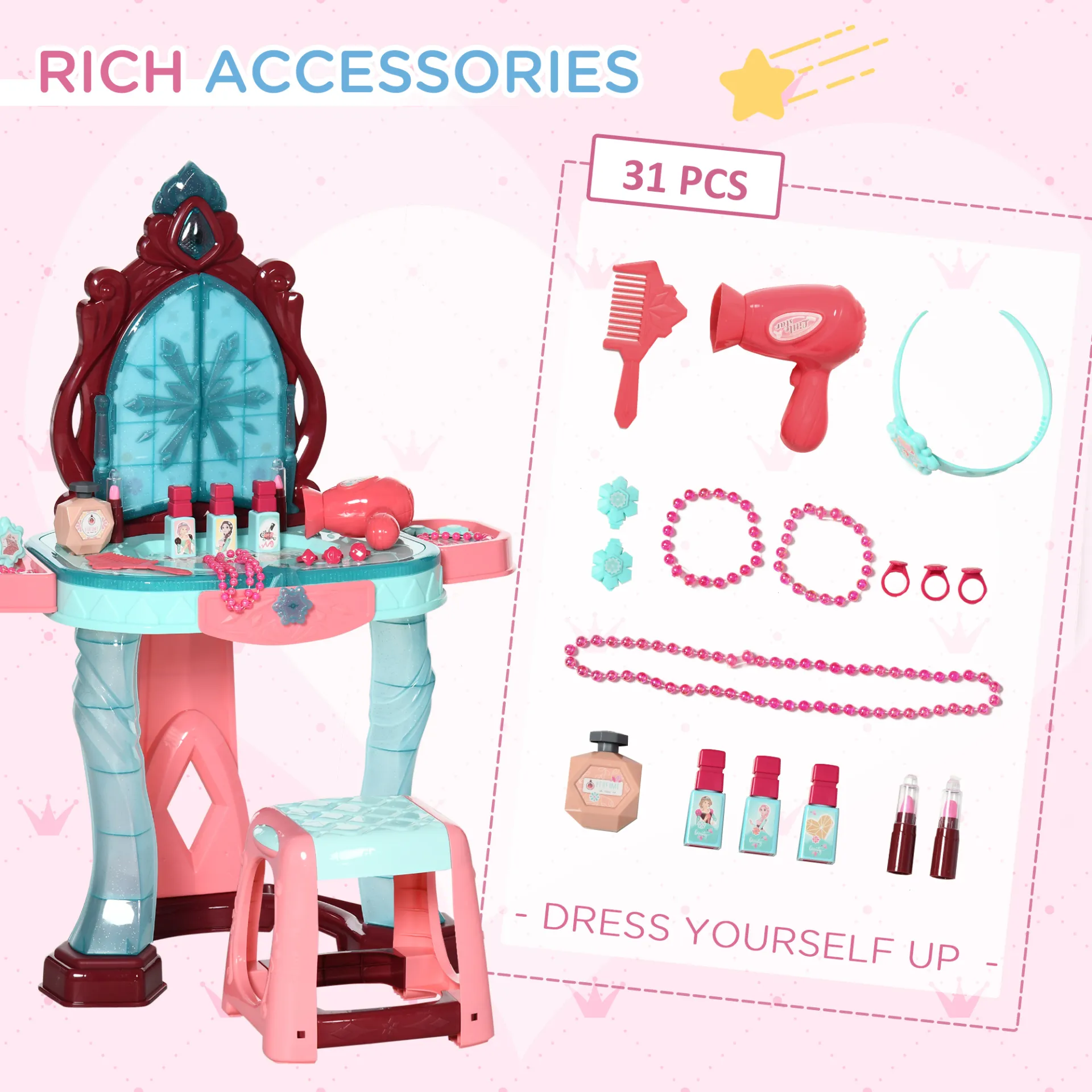AIYAPLAY 31 Piece Kids Dressing Table Set - Princess Theme, Music & Light Features, Beauty Kit & Stool for Ages 3-6 - Blue and Pink