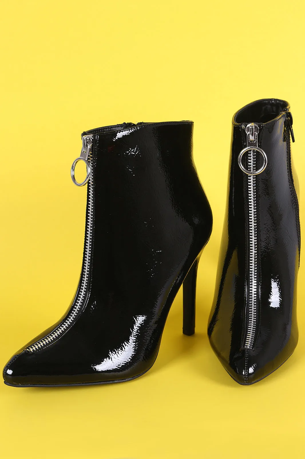 Anne Michelle Zipper Trim Pointy Toe Stiletto Patent Booties