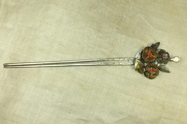 Antique Silver Chinese Hairpin With Coral